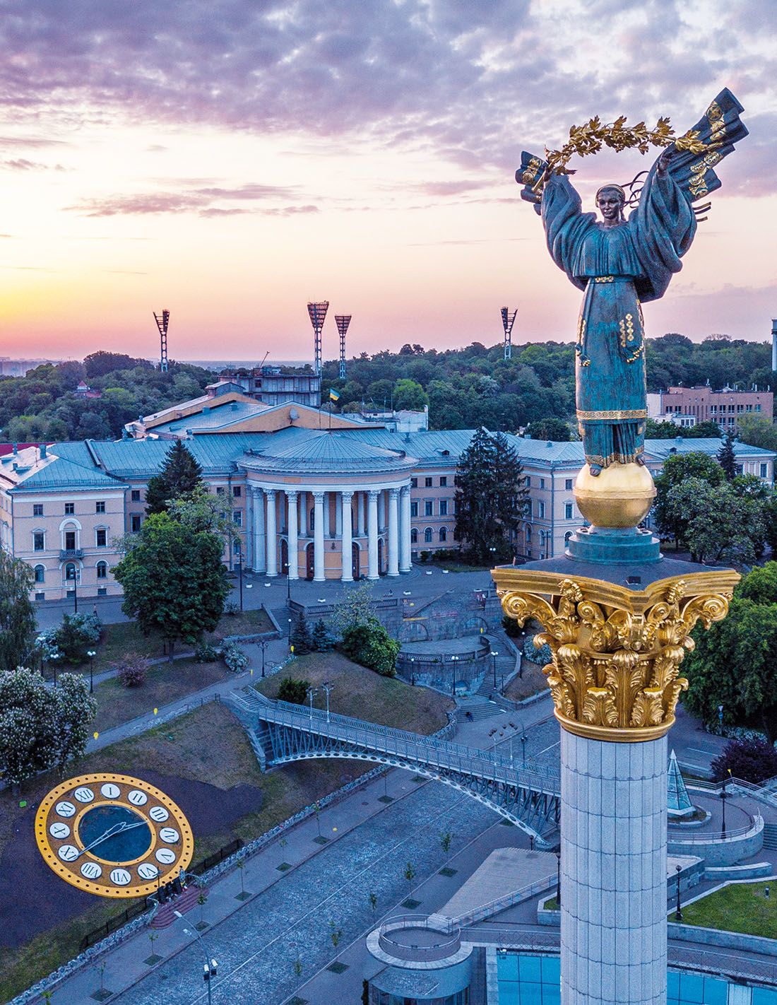 Aerial view of the historic monuments of Kyiv with the Independence Monument in the foreground